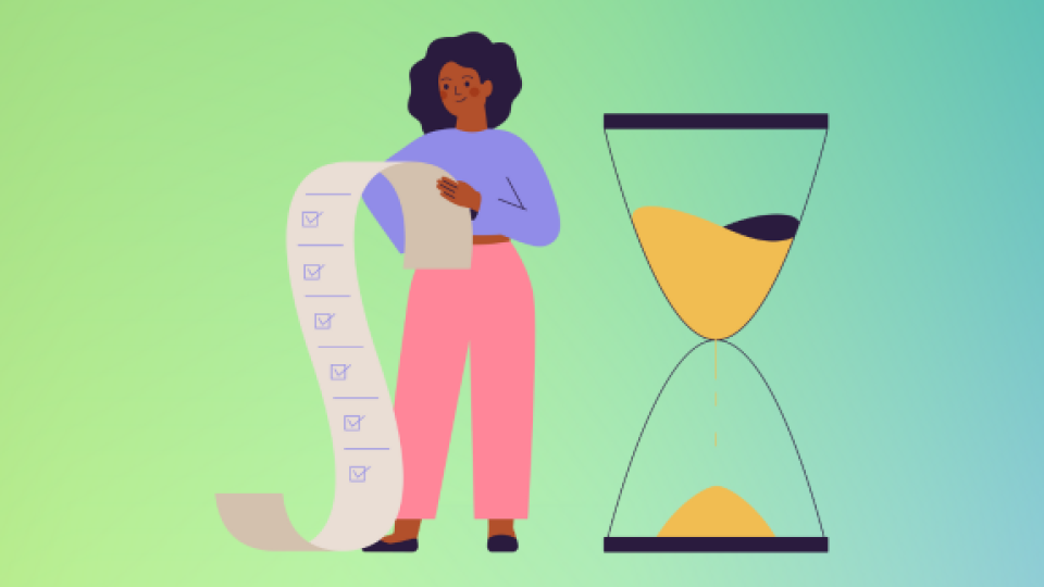 An illustration of a person looking at a list of their finances
