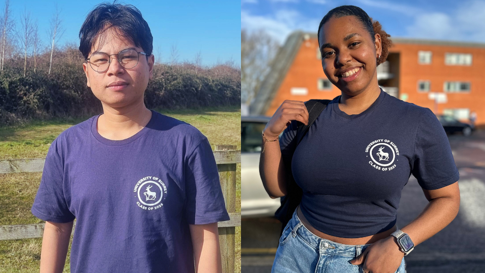 Two students modelling our Class of 2025 t-shirt